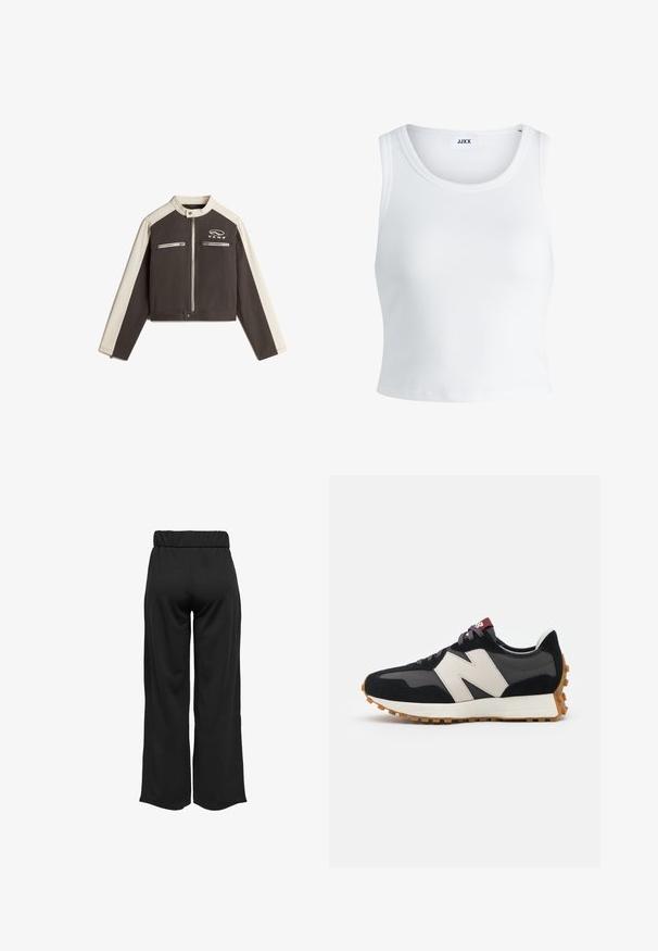 Vans RYDEN BIKER - Giacca di jeans - black; Canottiera bianca a coste con scollatura rotonda, senza maniche e lunghezza cropped. Etichetta con la scritta "JJXX". Tessuto di texture liscia.; Pantaloni neri a gamba larga con cintura elastica, realizzati in tessuto liscio. Presentano un design pulito senza tasche o dettagli di cucitura visibili.; Sneaker in suede nero e grigio con un grande logo "N" color crema, lacci viola e una suola esterna in gomma gommosa texturizzata.