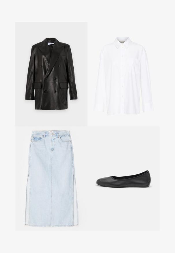 Sort læder dobbeltradet blazer med brede revers, forlommer og knapdetaljer. Glat tekstur med en skræddersyet silhuet.; Hvid langærmet skjorte med krave lavet af bomuld. Har en knaplukning fortil og en enkelt brystlomme. Glat tekstur, afslappet pasform.; Lyseblå denim maxi nederdel med lige snit, der har sideslidser og fem-lomme design. Fremtrædende syninger og metalknaplukning.; Sort læderballetsko med rund tå, glat tekstur, minimal syning og et fleksibelt såldesign.
