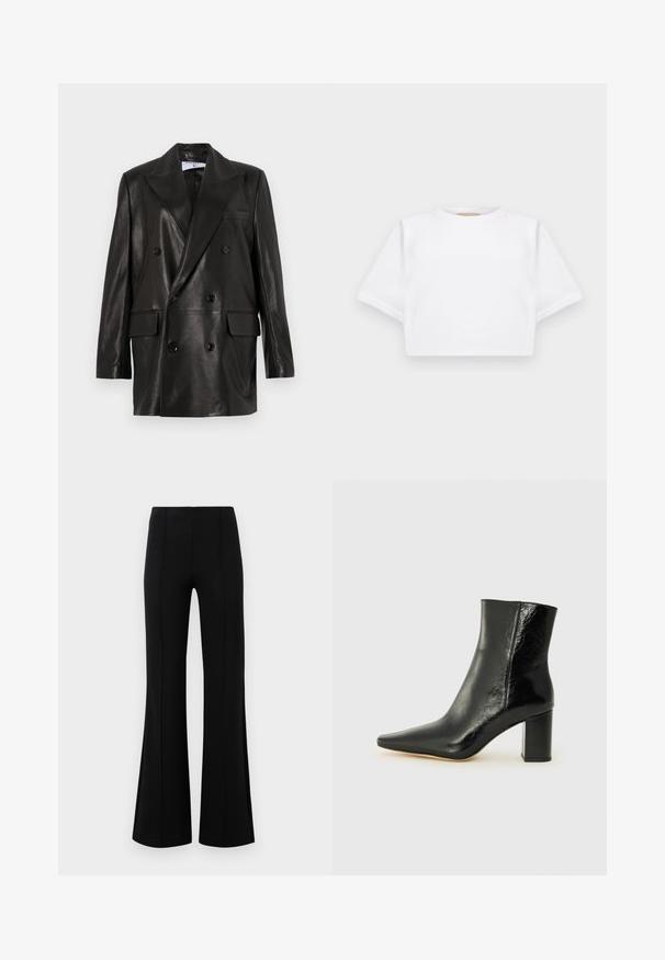 Čierny kožený dvojradový blejzer so širokými klopami, prednými vreckami a gombíkovými detailami. Hladká textúra s priliehavým strihom.; Strihnuté biele tričko vyrobené z mäkkej látky, s krátkymi rukávmi, okrúhlym výstrihom a rebrovanými detailmi na lemovaní. Jednoduchý a nezdobený dizajn.; Čierne rozšírené nohavice s vysokým pásom, vyrobené z elastického materiálu. Obsahujú vertikálne švy na prednej strane a hladkú textúru.; Čierne členkové čižmy vyrobené z lesklej kože s špicatou špičkou a robustným štvorcovým podpätkom. Majú hladkú textúru a minimalisti design.