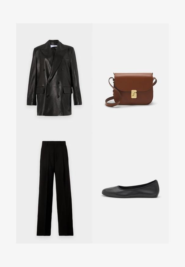 Melnas ādas divrindu žakete ar plašiem atlokiem, priekšējām kabatām un pogu akcentiem. Gluda tekstūra ar pielāgotu siluetu.; Balta īsām piedurknēm T-krekls, izgatavots no ribota auduma. Apaļš izgriezums, regulāra piegriezuma un diskrēti šuvumu detaļas. Bez printiem vai grafikām.; Melnas platajās bikses, izgatavotas no gluda auduma, ar augstu jostu, priekšējām krokām un tīru, šūtu dizainu bez rotājumiem.; Melna ādas baleta kurpe ar noapaļotu purngalu, gludu tekstūru, minimālu šuvju detalizāciju un elastīgu zoles dizainu.; Bordo ādas rokas soma ar atloku, zeltītām detaļām, plecu siksnu un gludu virsmu. Kompakta, taisnstūrveida forma.