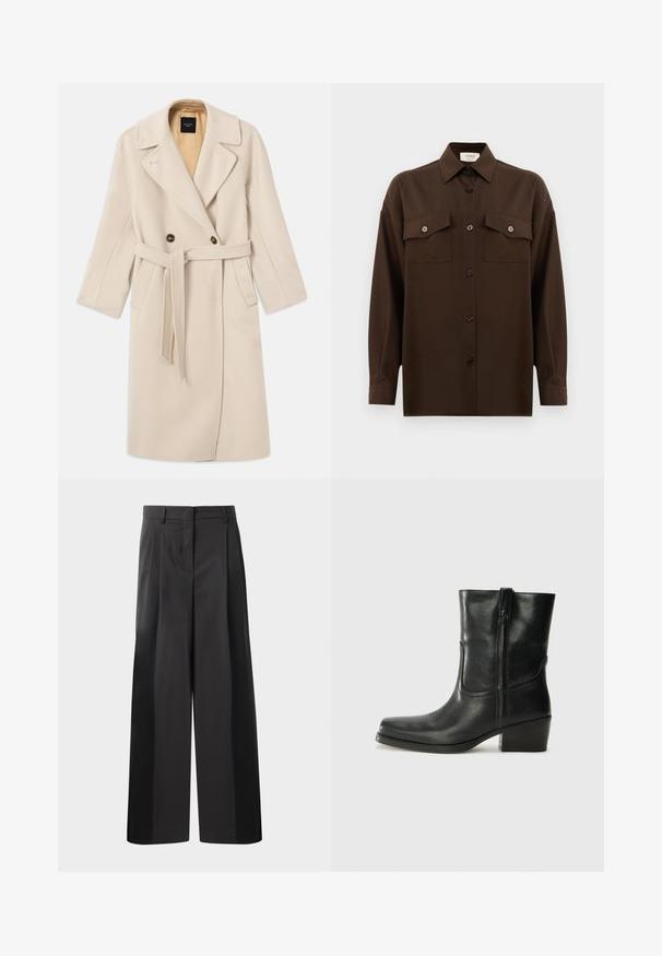 Beige gyapjú keverék, dupla gombos kabát nagy reverekkel, két gombbal, elülső zsebekkel és hozzá illő övvel. Világosabb árnyalatú béléssel.; Sötétbarna, hosszú ujjú, gombos ing, két zsebével a mellén és klasszikus gallérral, egyszerű fehér háttér előtt bemutatva.; Fekete, bő szárú nadrág magas derékkal, elöl plissékkel, sima felülettel és igényes kidolgozással. Kényelmes viseletre tervezve.; Fekete bőr bokacsizma lekerekített orral, blokk sarkúval, oldalsó cipzárral és varrásos díszítéssel az elején. Simább textúra, klasszikus dizájn.