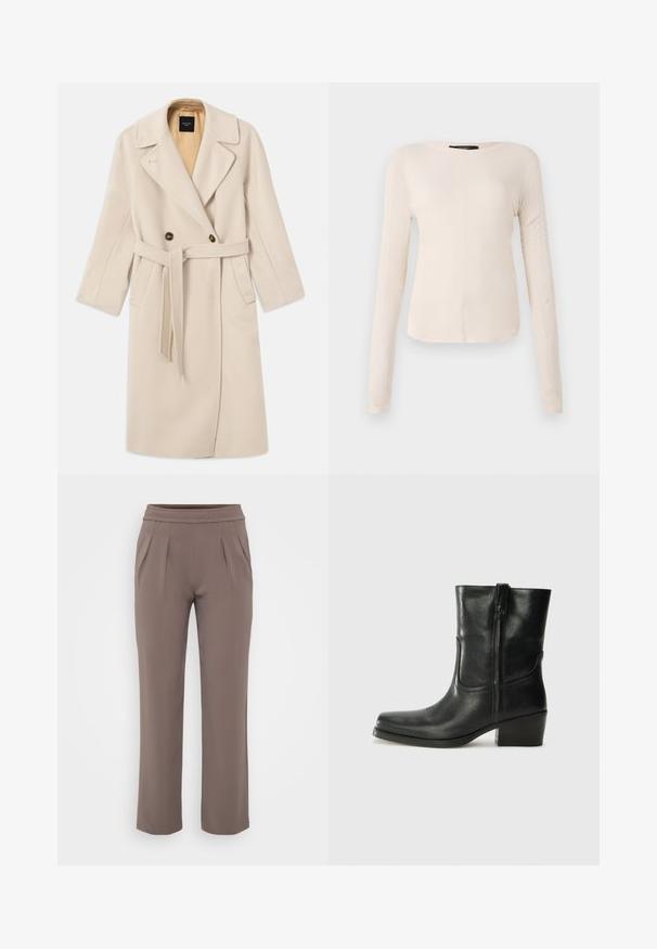 Bež plašč iz volnene mešanice, dvojnim zapenjanjem, z velikimi reverji, dvema gumboma, sprednjimi žepi in ujemajočim pasom. Podložen v svetlejši barvi.; Dolga majica v svetlo bež barvi s okroglim izrezom. Narejena iz mehkega materiala, ima osrednji šiv in rahlo ukrivljen rob. Ni vidnih elementov.; Taupe hlače širokega kroja z elastičnim pasom in sprednjimi gubi, narejene iz gladkega materiala.; Črne usnjene gležnjarje z zaobljenim nosom, blok peto, stransko zadrgo in šivanjem na vampu. Gladka tekstura, klasična zasnova.