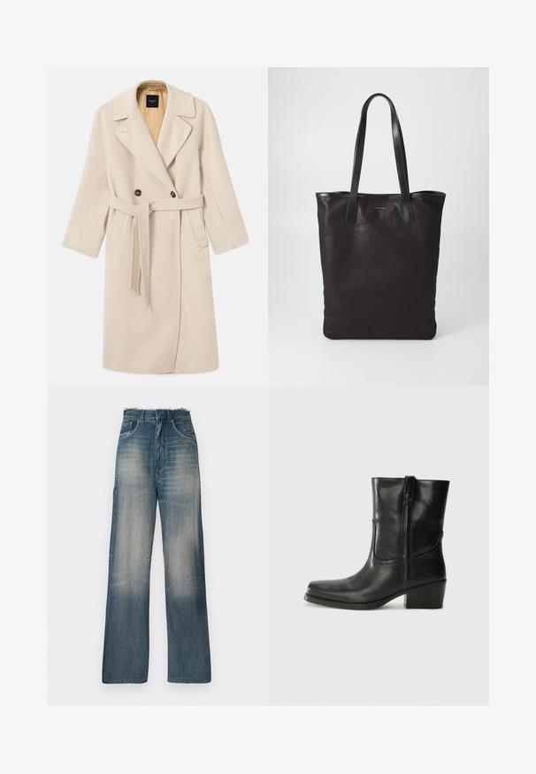 Palton bej din lână, cu două rânduri de nasturi, cu rever mari, două butoane, buzunare frontale și o curea asortată. Captusit într-o nuanță mai deschisă.; Top negru fără mâneci, cu bretele subțiri, fabricat dintr-un material ribat, având o tăietură dreaptă și o etichetă la gât cu textul "IVY OAK."; Jeans din denim cu picioare largi, de culoare albastru mediu, având o spălare uzată, margini desfăcute și cusături în contrast. Design cu cinci buzunare și talie înaltă.; Botine din piele neagră, cu vârf rotund, toc pătrat, fermoar pe lateral și accente de cusături pe partea superioară. Textură netedă, design clasic.; Geantă de umăr din pânză neagră cu mânere din piele neagră. Design simplu, corp spațios și textură netedă. Fără logo-uri sau modele vizibile.