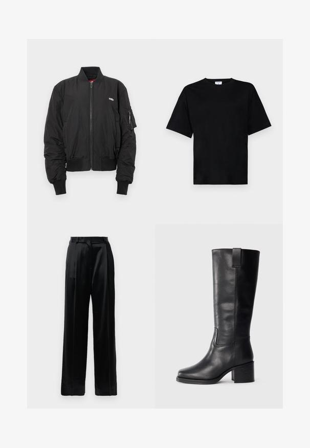 Juodas bomberio švarkas su užtrauktuku priekyje, rašto rankovėmis ir juosmeniu. Savybė: krūtinės logotipas ir užtrauktukas kišenėje ant kairės rankovės.; Juodas trumpas rankovės marškinėliai laisvu siluetu, pagaminti iš minkštos medžiagos, su apvalia iškirpte ir be ryškių raštų ar akcentų.; Juodos satino kelnės su aukštu liemeniu, tiesiais plačiais kojais, diržo kilpomis ir plokščiu uždarymu prieš baltą fono.; Juodos odinės iki kelių siekiančios botai su lygiu paviršiumi, kvadratiniu pirštu, storu kulnu ir šoniniu kilputė, su minimaliais siuvimo akcentais.