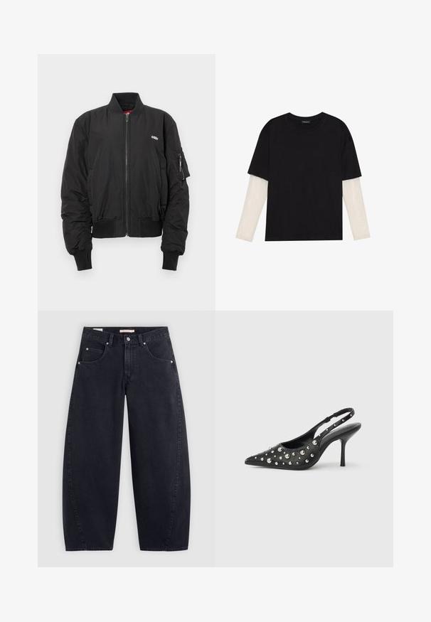 Zwarte bomberjack met een ritssluiting aan de voorkant, ribbelmanchetten en -band. Bevat een logo op de borst en een ritszak op de linker mouw.; Zwarte T-shirt van katoen, met korte mouwen over een witte lange mouw laag met een subtiel textuurpatroon. Ronde hals ontwerp.; Zwarte denim wijde pijpen jeans met een hoge taille, twee frontzakken en zilveren hardware. Gladde textuur, minimale stiksels en rechte snit.; Zwarte slingback hoge hak schoen met puntige neus, met studs en glanzende zilveren accenten. Glad lederen textuur met slanke stilettohak.