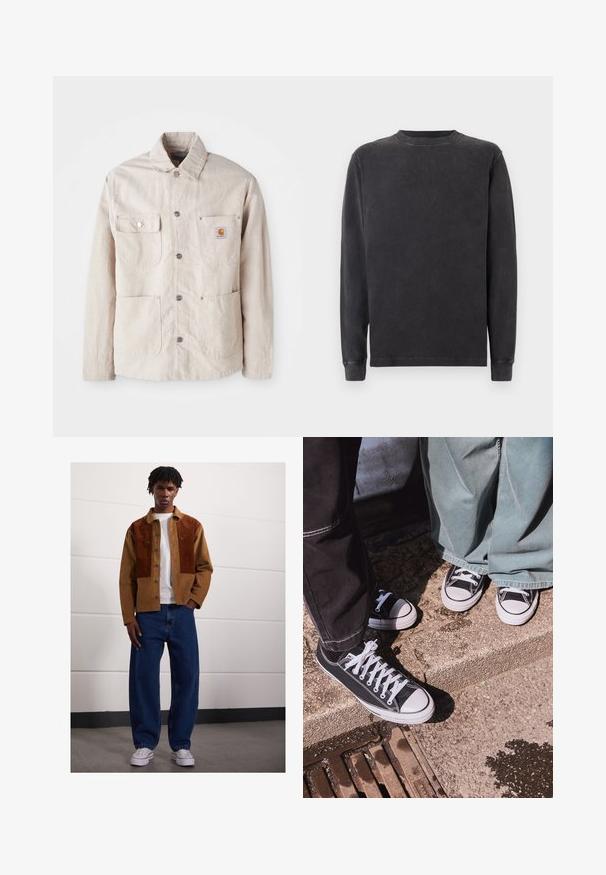 Beige work jacket made of durable fabric, features a snap button front, two chest pockets, and a logo patch on the left pocket.; Long-sleeve crewneck sweatshirt in dark gray, made of soft cotton blend. Features ribbed cuffs and neckline with a smooth, slightly textured finish.; Man standing indoors wearing a brown corduroy jacket with rust patches, white t-shirt, loose blue jeans, and white sneakers.; Black canvas low-top sneakers with white rubber toe caps and laces, paired with wide green denim pants, on a textured stone surface.