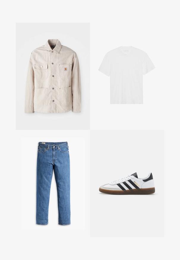 Beige work jacket made of durable fabric, features a snap button front, two chest pockets, and a logo patch on the left pocket.; White cotton t-shirt with short sleeves, crew neckline, and straight hem. Smooth texture, minimalistic design without patterns or accents.; Blue denim jeans with a straight leg cut, copper rivets, and five-pocket design. Features a sewn hem and a classic waistband with belt loops.; White leather sneaker with black suede accents, three black stripes, beige rubber sole, and gold "SPEZIAL" branding on the side.