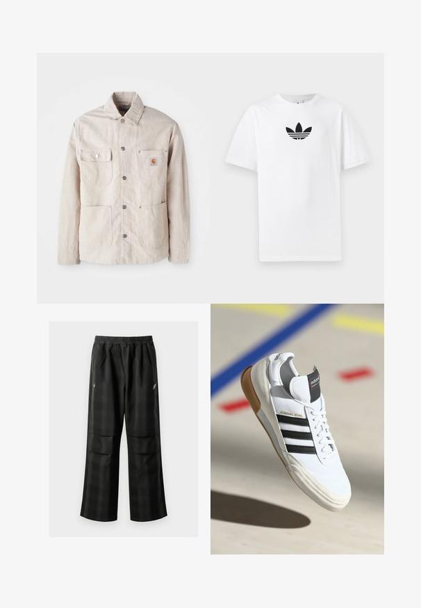 Beige werkjas gemaakt van duurzame stof, beschikt over een drukknoopsluiting aan de voorkant, twee borstzakken en een logo patch op de linkse zak.; Witte katoenen T-shirt met een zwart Adidas-logo in het midden. Korte mouwen en een ronde hals. Gladde textuur.; Zwarte geruite broek met een elastische tailleband, twee voorzakken en een losse pasvorm met een rechte pijpdesign. Gemaakt van lichtgewicht materiaal.; Witte Adidas Mundial Goal sneakers met zwarte strepen en gumzool, midden in de lucht boven een sportvloer met gekleurde lijnen.