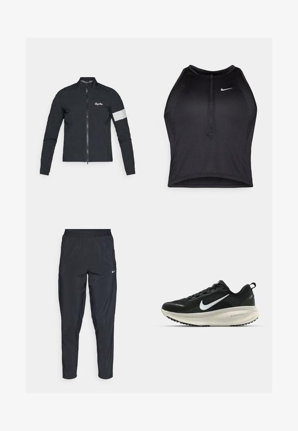 Rapha WOMENS CORE RAIN JACKET  - Vjetrovka - black/white; Crni sportski crop top s patentnim zatvaračem, mrežastim detaljima i prilagođenim dizajnom. Izrađen od rastezljivog, prozračnog materijala. Nike logo na prednjoj strani.; Crne sportske hlače s elastičnim pojasom, sužene nogavice i mali bijeli logo na lijevom bedru. Lagana, glatka tkanina.; Crne Nike trkačke tenisice s prozračnom mrežastom gornjom konstrukcijom, bijelim swoosh logotipom, teksturiranim detaljima i kremastom ZoomX srednjom potplatnom jedinicom.