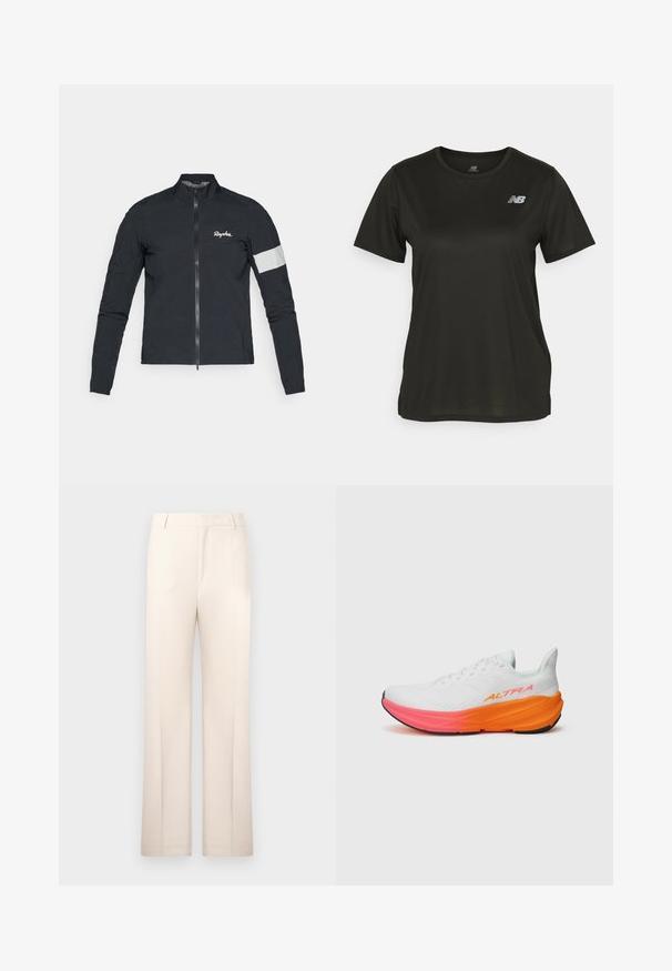 Rapha WOMENS CORE RAIN JACKET - Jachetă de vânt - black/white; Tricou negru cu mânecă scurtă, fabricat dintr-un material neted, având guler rotund și un logo alb reflectorizant pe pieptul stâng.; Pantaloni bej, croiți pe linie dreaptă, realizati dintr-un material ușor. Prezintă pliuri frontale și o talie clasică.; Pantof cu adeziv alb, cu o parte superioară texturată, având un talpă cu un gradient colorat în nuanțe de portocalie și roz și un logo proeminent pe lateral.