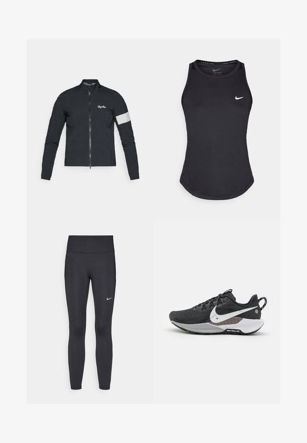 Rapha WOMENS CORE RAIN JACKET - Széldzseki - black/white; Fekete sportos ujjatlan felső, nedvességelvezető anyagból készült. Kerek nyaka van, slim fit fazonú, és a mellrészen fehér Nike logóval rendelkezik.; Fekete leggings elasztikus anyagból, magas derékkal és fehér Nike logóval a bal combon. Simább textúra, testhez álló kialakítás.; Fekete sportcipő textúrázott hálós felső résszel, fehér Nike jelzéssel, sötét talppal és szürke kiegészítőkkel. Terepfutáshoz tervezve, masszív tapadással.