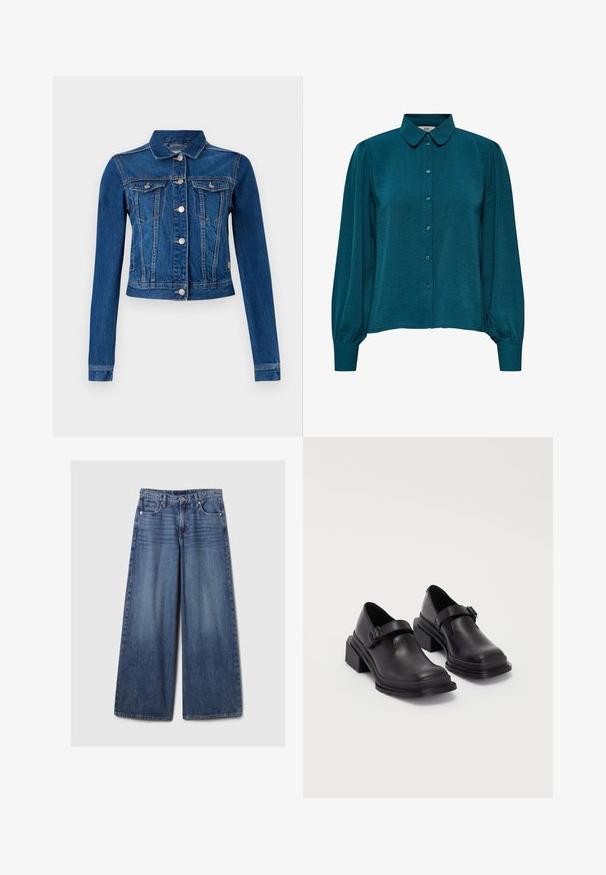 Casaco de ganga em azul médio com um design cropped, apresentando botões de pressão prateados, dois bolsos no peito e mangas longas com costuras em contraste.; Blusa verde-água com decote de colarinho, frente com botões e mangas longas. Feita de tecido texturizado com punhos franzidos.; Calças de ganga azul de perna larga com um acabamento desbotado, apresentando um fecho de botão e zipper, cinco bolsos e passantes para cinto.; Sapatos de couro pretos com um bico redondo, sola plana e uma fita com detalhe de fivela. Salto bloco robusto para maior estabilidade.