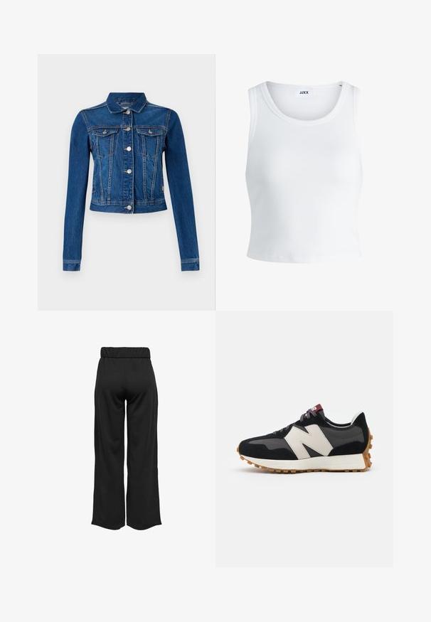 Denim jakna v srednje modri barvi s skrajšanim krojem, ki ima srebrne pritisne gumbke, dva žepa na prsih in dolge rokave s kontrastnim šivanjem.; Bela rebrasta majica brez rokavov z okroglim izrezom in krajšo dolžino. Oznaka navaja "JJXX." Gladka tekstura tkanine.; Črne hlače širokega kroja z elastičnim pasom, izdelane iz gladkega materiala. Imajo preprost dizajn brez žepov ali vidnih šivov.; Črne in sive semiš športne copate z velikim kremnim logotipom "N", vijoličastimi vezalkami in teksturiranim gumijastim podplatom.