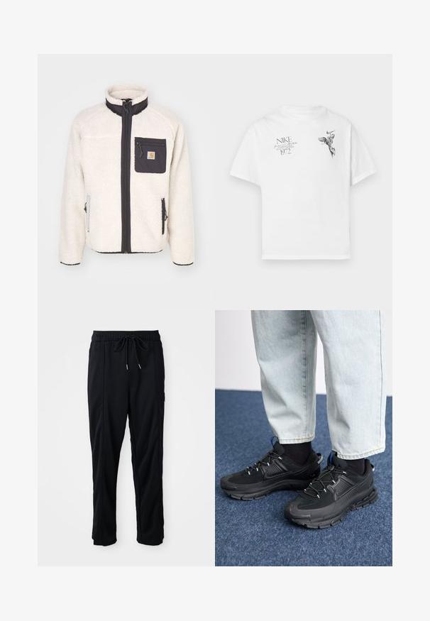 Fliisjakk off-white värviga, musta tõmblukuga rinna taskuga. Omab külgtaskuid, kõrget kaelust ja soonikuid käistesse. Tekstureeritud kangas.; Valge puuvillane T-särk, millel on must graafiline trükk tiivulise kuju ja tekstiga, ümardatud kaeluse ning lühikeste varrukatega.; Mustad nööridega vööga igapäevased mustad püksid, külgseamipocketid ja sirge sääre lõikega, ühtlasel taustal.; Mustad mustad jooksukingad, millel on tekstureeritud kangas ja kummist tallad, elastsed nöörid ning sinine aksent kandadel. Kandmine heledate teksadega.