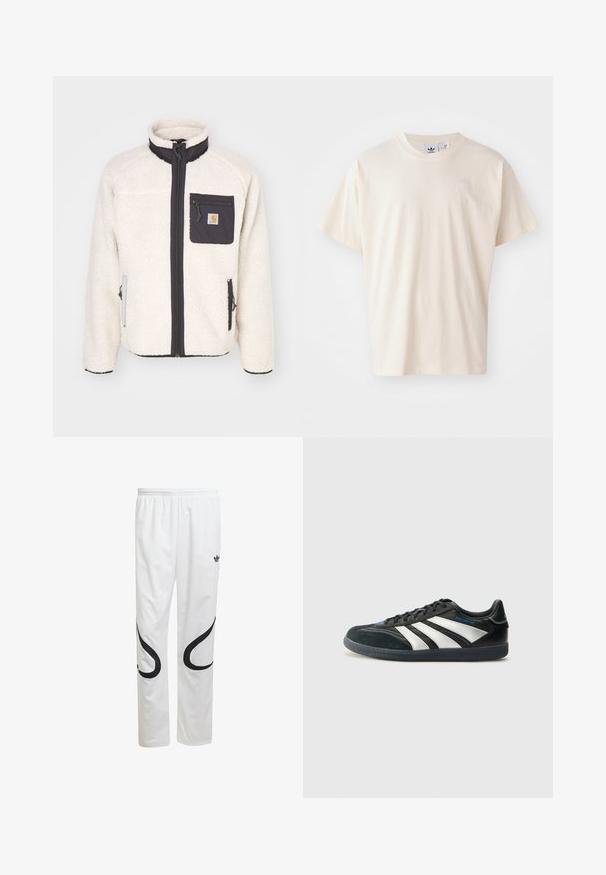 Švarkas iš fliso šviesiai baltos spalvos su juodu užtrauktuku krūtinės kišenėje. Su šoninėmis kišenėmis užtrauktuku, aukšta apykakle ir surišamais rankogaliais. Tekstūruota medžiaga.; Kremo spalvos medvilnės marškinėliai su apvaliu iškirpimu ir trumpomis rankovėmis; ant krūtinės yra mažas, šviesios spalvos logotipas.; Balti sportiniai kelnes su lygiu paviršiumi, turinčios juodas kreivas detales šonuose ir juodą logotipą prie liemens.; adidas Performance PREDATOR FREESTYLE JUDE INDOOR FOOTBALL SHOES - Salės futbolo bateliai - core black/silver-coloured/glory blue