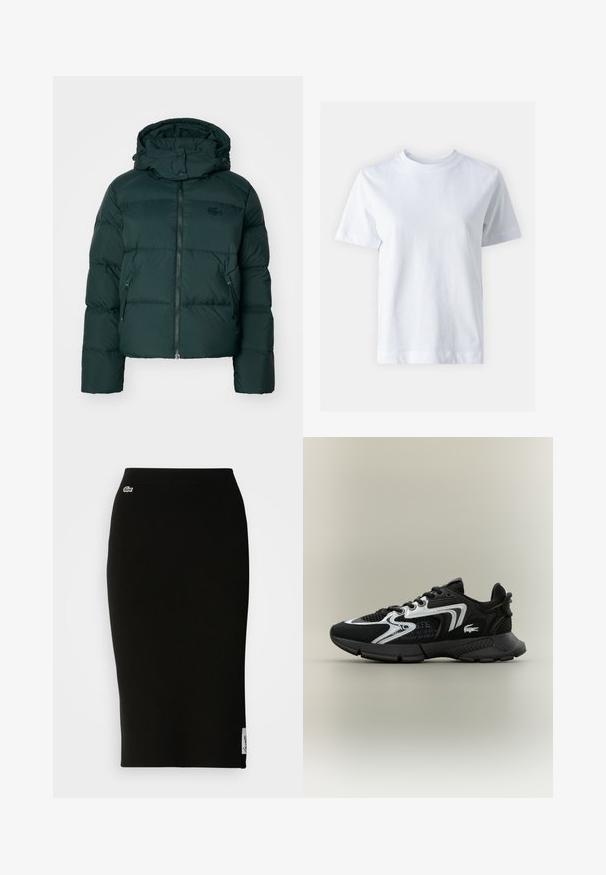 Grön puffjacka med hög krage, dragkedja fram och sidofickor. Har en subtil logotyp på bröstet och en huva.; Vit bomull t-shirt med rund halsringning, korta ärmar, rak skärning och slät textur. Inga mönster eller dekorationer.; Svart ribbade stickade midi kjol med en åtsittande silhuett. Litet Lacoste-logotypdetalj på midjan, med en slät textur.; Svarta sportskor med meshnätpaneler, silveraccenter och texturerade svarta överdrag. Har snören och en böjd, robust sula.