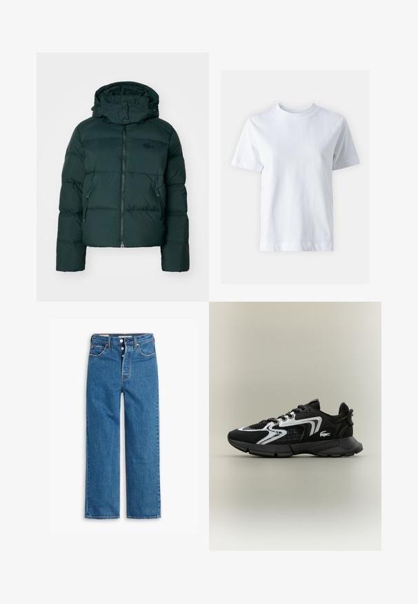 Green puffer jacket with a high collar, zippered front, and side pockets. Features a subtle brand logo on the chest and a hood.; White cotton t-shirt with a crew neckline, short sleeves, a straight cut, and smooth texture. No patterns or embellishments.; Blue denim straight-leg jeans with a high waist, five-pocket design, and button fly. Noticeable stitching and copper-tone rivets.; Black athletic shoes with mesh panels, silver accents, and textured black overlays. Features laces and a curved, sturdy outsole.