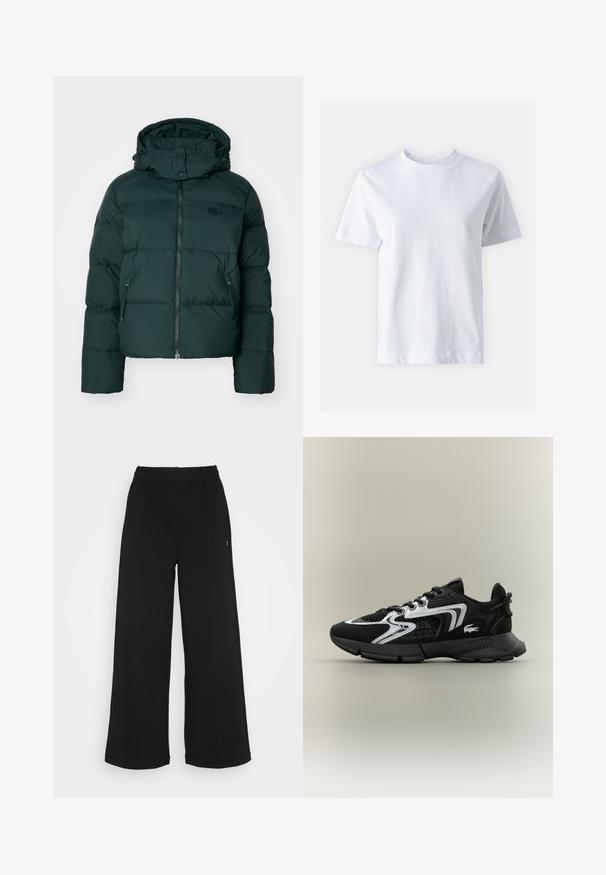 Zaļa pūkaina jaka ar augstu apkakli, ar rāvējslēdzēju priekšpusē un sānu kabatām. Izcelsme pazīstama zīmola logo uz krūtīm un mīksts kapuce.; Balta kokvilnas T-krekls ar apaļu izgriezumu, īsām piedurknēm, taisnu griezumu un gludu tekstūru. Nav rakstu vai rotājumu.; Melni platās bikses ar elastīgu jostu. Izgatavotas no mīksta, viegla materiāla. Iezīmē vertikālas šuves gar priekšpusi.; Melni sporta apavi ar sietiņa ieliktņiem, sudraba akcentiem un struktūru melnā krāsā. Īpaši iezīmes - šņorītes un izliekta, izturīga zole.