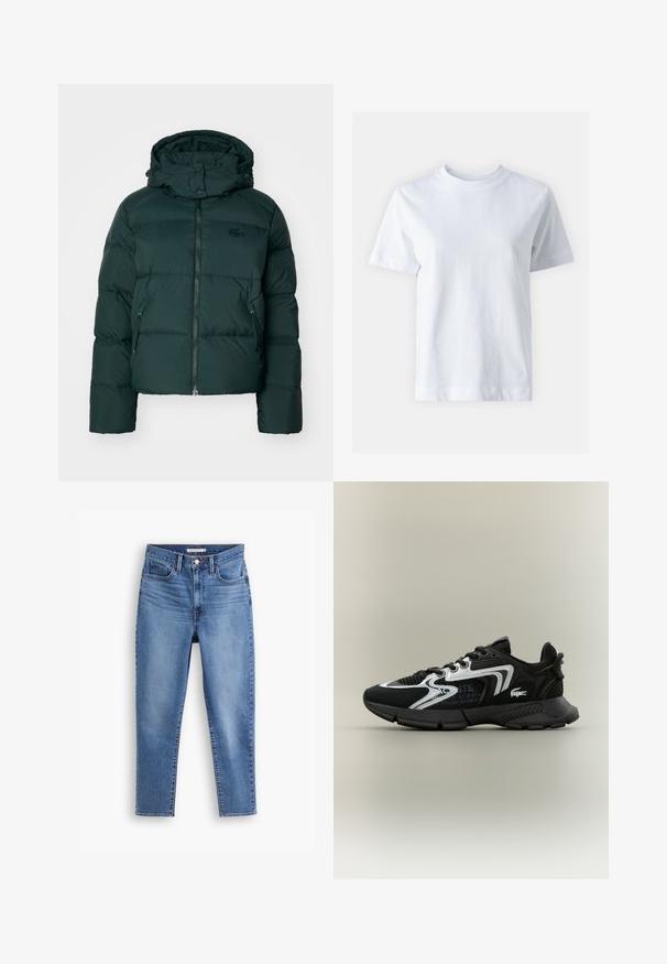 Grøn pufferjakke med høj krave, lynlås foran og sidelommer. Har et diskret mærke logo på brystet og en hætte.; Hvid bomulds t-shirt med rund halsudskæring, korte ærmer, lige snit og glat tekstur. Ingen mønstre eller dekorationer.; Blå højtaljede kvindejeans med frontknap og lynlåslukning, bæltestropper og fem-pockets design, flad på hvid baggrund.; Sorte atletiske sko med mesh-paneler, sølvfarvede accenter og strukturerede sorte overlays. Har snørebånd og en buet, robust ydersål.