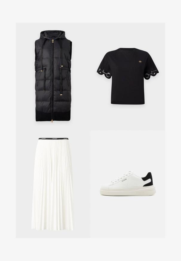 Must nagu vattvest ilma varrukateta, suurusega kapuutsiga, ees lukuga ja kuldsete metallosadega, ning ribaga mustast kudumist allosas.; Must mustast t-särk lühikeste laienevate varrukatega, millel on sakiline pitsäär. Rinnal väike kullavärvi logo. Lihtne, klassikaline disain.; Kurtitudega valge seelik musta elastse vööga, millel on "LACOSTE" logo. Keskmise pikkusega disain pehme tekstuuriga.; Valged nahast tennisetossud paksu valge tallaga, musta sametist kontsakeeuga ja külje peal riigilogo reljeefne kujundus. Lukkeskeem kuue silmaauguga.