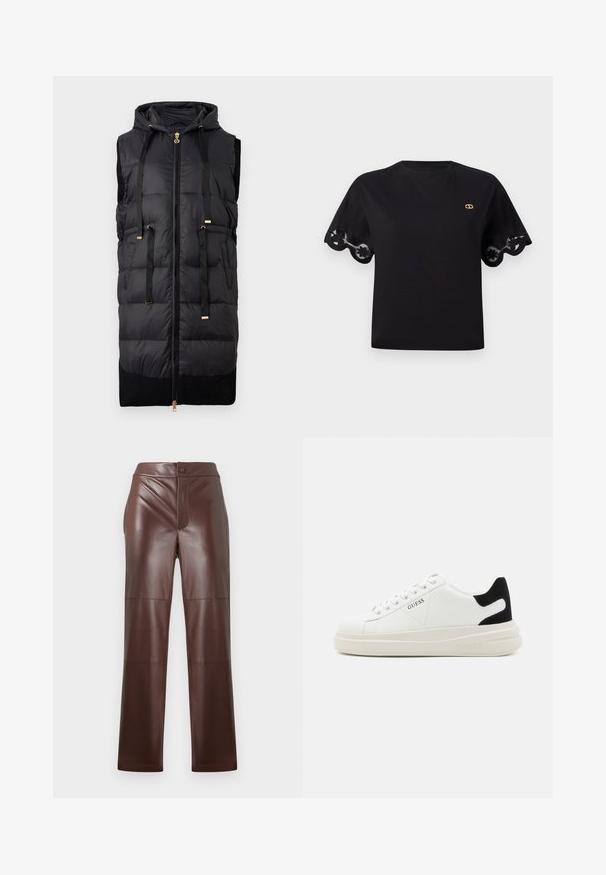 Czarna bezrękawnikowa kamizelka puchowa z kapturem, z przednim zamkiem błyskawicznym i złotymi akcentami metalowymi oraz prążkowanym, czarnym, dzianinowym dołem.; Czarna bawełniana koszulka z krótkimi, rozkloszowanymi rękawami, zdobiona koronkowym wykończeniem w kształcie falbanki. Małe, złote logo na klatce piersiowej. Prosty, klasyczny design.; Brązowe spodnie z sztucznej skóry o prostym kroju i gładkiej fakturze. Posiadają zamek błyskawiczny z przodu oraz zapięcie na guzik, dopełnione tonującym przeszyciem.; Białe skórzane sneakersy z grubą białą podeszwą, czarnym zamszowym akcentem na pięcie oraz wytłoczonym logotypem z boku. Projekt z sznurówkami i sześcioma dziurkami.