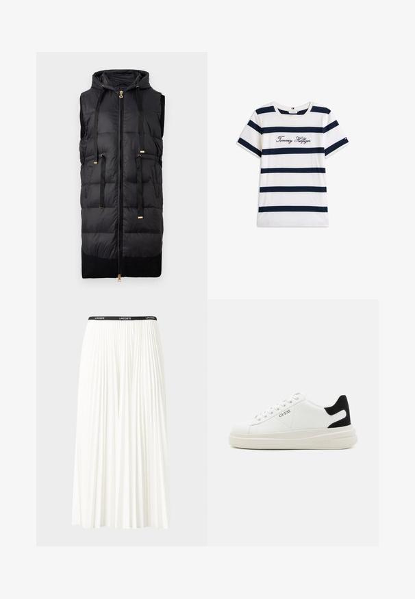 Črna brezrokavna puhovka s kapuco, ki ima sprednji zadrgo in zlate kovinske dodatke ter rebrast črn pleten dno.; Bombažna majica s horizontalnimi mornarsko modrimi črtami na belem ozadju. "Tommy Hilfiger" izvezeno v kurzivni pisavi na prsih. Okrugli izrez.; Gubasta bela krila z črnim elastičnim pasom, ki nosi logotip "LACOSTE". Srednje dolga zasnova z mehkobo tkanine.; Bele usnjene športne copate z debelim belim podplatom, črnimi semišnimi detajli na peti in utisnjenim logotipom na strani. Zavezovanje s šestimi luknjicami.