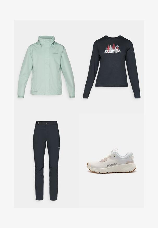 Lys mintgrønn vanntett jakke med høy krage, justerbar hette og logo. Glatt tekstur med elastiske mansjetter og frontglidelås.; Langermet mørkegrå skjorte med grafikk av røde trær og fjell; "COLUMBIA" logo i fet hvit tekst. Mykt stoff, standard rund hals.; Herre utendørsbukser, mørkegrå, laget av fleksibelt materiale, med belte, glidelåslommer og forsterkede sømmer.; Lettvekts Columbia treningssko i hvit mesh med en teksturert grå såle og gummitraction. Har en polstret krage og snøring.