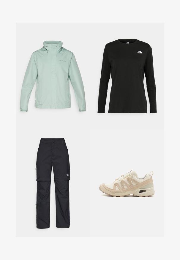 Giacca impermeabile verde menta chiaro, con colletto alto, cappuccio regolabile e logo. Texture liscia con polsini elasticizzati e zip frontale.; T-shirt nera a maniche lunghe in cotone con colletto rotondo. Presenta un piccolo logo bianco sul lato sinistro del petto. Design semplice e vestibilità comoda.; Pantaloni cargo in nylon nero con zip rimovibile, polsini regolabili, molteplici tasche e un logo sulla gamba destra. Tessuto liscio e leggero.; Scarpa atletica beige e crema con tomaia in mesh testurizzato, sovrapposizioni supportive e suola in gomma con un motivo a tasselli per la trazione.