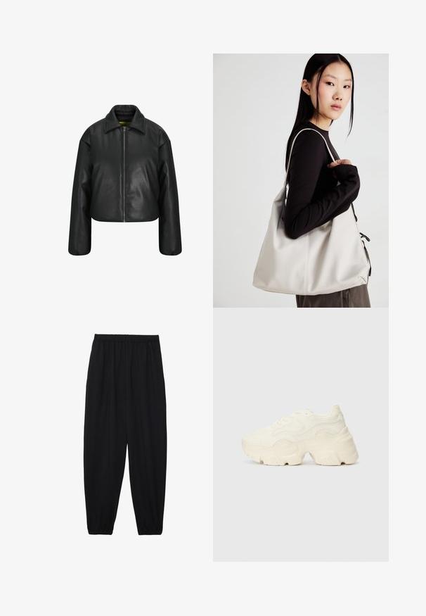 Jachetă din piele neagră, scurtă, cu fermoar frontal, guler lat și umeri lăsați. Textură netedă și design clasic.; Tricouri alb-negru, cu gât rotund, mâneci scurte. Cămășile negre au broderie cu soare galben; cele albe au un accent cu lună crescută violet.; Pantaloni negri, ușori, cu un brâu elastic și tivuri strânse. Materialul este neted și are un design relaxat, conic.; Tenisi albi voluminoși, fabricați din plasă texturată și materiale sintetice, cu o talpă groasă și detalii de model intricate pe laturi.; Geantă bej din material moale, cu un design lejer, detalii cusute și două bretele pentru umăr. Potrivită pentru utilizarea zilnică.