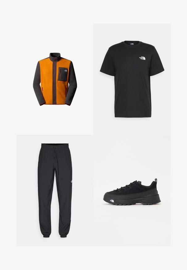 The North Face M YUMIORI FULL ZIP - Fleecejacka - agate orange asphalt gr; Svart bomull t-shirt med kort ärm, rund halsringning och en liten vit logga på vänster bröst. Enkelt design, mjuk textur och avslappnad passform.; Svarta träningsbyxor tillverkade av lättviktsmaterial, med dragsko i midjan, sidofickor och avsmalnande muddar vid anklarna.; Svart utomhussko med ovandel i mocka, texturerad gummisula och robust snörningssystem. Har en förstärkt häl och varumärkeslogotyp på sidan.
