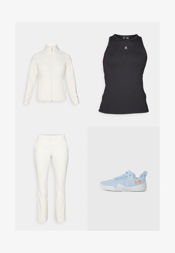 Balta zipa jakas ar augstu apkakli. Iekļauj iešūtas priekšējās paneļus un ribotas piedurknes, nodrošinot teksturēta kontrastu. Gluda apdare kopumā.; Melnas ribota topa ar augstu kakla izgriezumu un bez piedurknēm. Iekļauj mazu logo uz krūtīm un pieguļošu siluetu.; Baltas pielāgots bikses ar taisnu kāju dizainu, gludām līnijām un sānu spraugām apakšmalē. Izgatavotas no gludas, vieglas auduma.; Gaiši zils sporta apavu pāris, izgatavots no tīkla materiāla ar teksturētu zoli, ar oranžu logotipu un auklu dizainu.