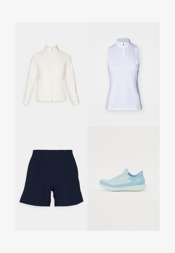 Bílá zipová bunda s vysokým límcem. Obsahuje prošívané přední panely a žebrované rukávy, což poskytuje texturovaný kontrast. Celkově hladký povrch.; Bezrukávé bílé polo triko s vysokým límcem a částečným předním zipem. Vyrobeno z hladké, lehké tkaniny s přiléhavým střihem.; Námořnické modré šortky vyrobené z elastické tkaniny. Mají vysoký pas, zakázkový střih a skryté švy. Žádné viditelné kapsy ani ozdoby.; Světle modrá sportovní obuv s síťovaným svrškem, zaoblenou špičkou, polstrovanou podrážkou a reflexními akcenty. Obsahuje šněrování a oporu pro patu.