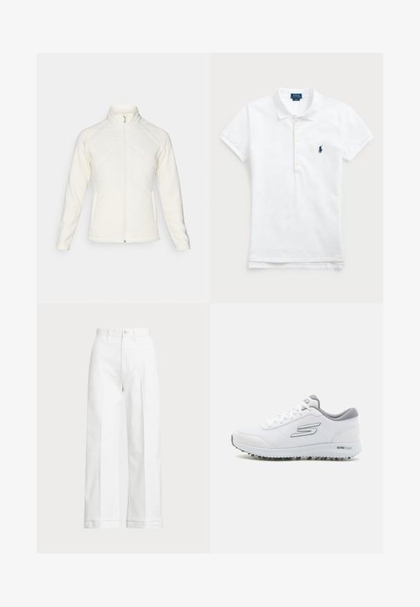 Bela zip-up jakna z visokim ovratnikom. Ima prešite sprednje panele in rebraste rokave, ki ponujajo teksturiran kontrast. Splošna gladka površina.; Bela bombažna polo majica z visokim ovratnikom, kratkimi rokavi in aplika za logotip v temno modri barvi na levem prsnem predelu. Pet gumbov na zapenjanju.; Bele široke hlače z visokim pasom, ki imajo gumbasto zapiranje in diskretne šive. Narejene so iz bombaža z gladko teksturo.; Bele športne čevlje z teksturirano mrežasto zgornjim delom, srebrnimi poudarki in lahkotnim podplatom, ki ima majhne protisklizne konice, označeni z "ULTRA FLIGHT."