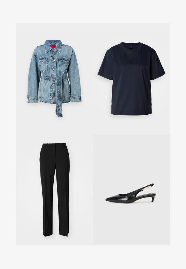 Ανοιχτό μπλε τζιν μπουφάν με ζώνη στη μέση, μυτερό γιακά και δύο τσέπες στο στήθος. Διαθέτει ασημένια κουμπιά και ελαφρώς φθαρμένη υφή.; Σκουρομπλε κοντομάνικο μπλουζάκι φτιαγμένο από μαλακό βαμβάκι. Διαθέτει στρογγυλή λαιμόκοψη και διακριτό κεντημένο λογότυπο στο στήθος.; Μαύρο παντελόνι με ραφή που έχει σχεδιασμό ίσιας γραμμής, διαθέτει λεία υφή και καθαρές πτυχώσεις κατά μήκος της μπροστινής πλευράς. Χωρίς ορατό μεταλλικό υλικό.; Μαύρες δερμάτινες γόβες slingback με μυτερή μύτη, διαθέτοντας λεπτό τακούνι και χρυσή λεπτομέρεια στην ρυθμιζόμενη λωρίδα. Λείος υφές.