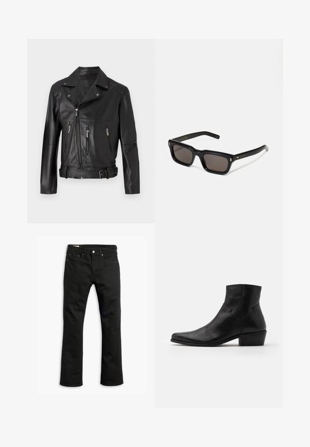 Črna usnjena motorista jakna z zarezo na ovratniku, asimetričnim zadrgo, več zaklopnimi žepi in pasom.; Bež pulover z dolgimi rokavi in okroglo ovratnikom, izdelan iz mehkega materiala, z rebrastimi manšetami in robom, z gladko teksturo in minimalističnim oblikovanjem.; Črne kavbojke iz denima s ravno nogavico, petimi žepi, kovinskim gumbom za zapiranje in diskretnimi šivi. Gladka tekstura in enotna barva.; Črne usnjene gležnjarje s koničastim nosom, minimalnimi šivi, srednjo blok peto in gladko, sijočo obdelavo.; Črne pravokotne sončna očala s temnimi lečami, debelim plastičnim okvirjem, zlatimi detajli na templjih in izgravirano blagovno znamko na ročaju.