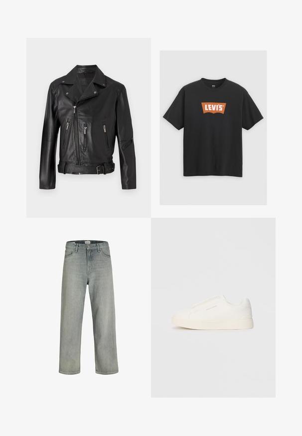 Schwarze Leder-Motorradjacke mit einer schmalen Kragen, asymmetrischem Reißverschluss, mehreren Reißverschlusstaschen und einem taillierten Bund.; Schwarzes Baumwoll-T-Shirt mit einem großen orangen Levi's-Logo auf der Vorderseite, kurzen Ärmeln und einem Rundhalsausschnitt.; Hellgraue, locker sitzende Jeans aus Denim. Verfügt über ein klassisches Fünf-Taschen-Design, Gürtelschlaufen und eine gerade Bein-Silhouette.; Weiße Slip-On-Sneaker mit einer strukturierten Oberfläche, dicker Sohle und minimalistischem Design. Mit Logo der Marke an der Seite.
