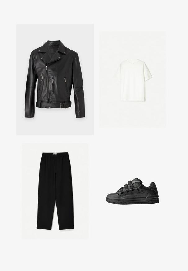 Crna kožna moto jakna s udubljenim ovratnikom, asimetričnim zatvaranjem na zip, više zippered džepova i pojasom u struku.; Bijela majica kratkih rukava napravljena od mekog pamuka. Dizajn s okruglim izrezom i opuštenim krojem bez vidljivih logotipa ili uzoraka.; Crne hlače širokih nogavica izrađene od laganog materijala. Imaju elastičnu traku u struku i glatku teksturu. Nema vidljivih uzoraka niti hardvera.; Crne tenisice s glatkom kožnom gornjom površinom, teksturiranim detaljima i okruglim crnim i bijelim vezicama. Debeli gumeni potplat s uzorkom.