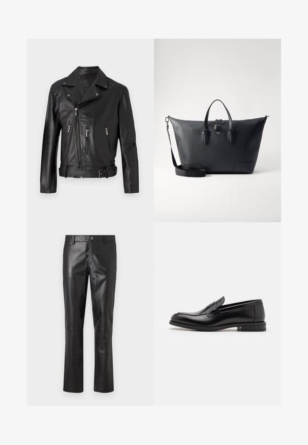 Black leather motorcycle jacket featuring a notched collar, asymmetrical zip closure, multiple zippered pockets, and a belted waist.; White long-sleeve thermal top with a ribbed texture, crew neck, and banded cuffs. Clean design with no patterns or additional accents.; Black leather pants with a smooth texture, straight-leg design, and subtle stitching along the seams. Features a button closure at the waist.; Black leather loafers with a smooth texture, rounded toe, and a decorative strap across the vamp. Low stacked heel, minimalist design.; Lancel CHARLIE UNISEX - Briefcase - black