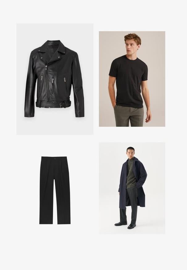Giacca da moto in pelle nera con colletto a punta, chiusura con zip asimmetrica, molteplici tasche con zip e vita con cinturino.; Giovane uomo con capelli ricci di castano chiaro che indossa una t-shirt nera a maniche corte e pantaloni grigi, che guarda verso sinistra con le mani nelle tasche.; Pantaloni neri con un design a gamba dritta, realizzati in un tessuto liscio. Presentano pieghe frontali e una chiusura a un bottone in vita.; Cappotto navy con chiusura a bottoni, maglione verde testurizzato, pantaloni neri e stivali in pelle nera. Tessuto liscio con silhouette strutturata.