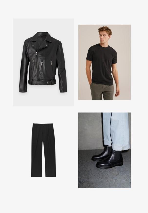 Zwart leren motorjack met een ingekapte kraag, asymmetrische ritsluiting, meerdere ritszakken en een ceintuur om de taille.; Jonge man met krullend lichtbruin haar, in een zwart T-shirt met korte mouwen en grijze broek, kijkt naar links met zijn handen in zijn zakken.; Zwarte broeken met een recht model, gemaakt van een gladde stof. Voorzien van een voorplooien en een enkele knoopsluiting bij de taille.; Zwarte leren Chelsea-boots met elastische zijpanelen en een gestructureerde rubberen zool, gecombineerd met lichtblauwe denim jeans met omslag.