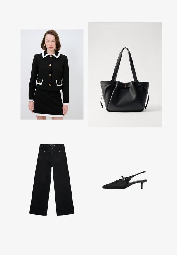 Mustat lyhyet takki valkoisella kauluksella ja hihoilla, kultanapeilla ja valkoreunaisilla taskuilla. Yhdistetty vastaavan mustan hameen kanssa.; Hihaton tummanharmaa neule, jossa on pyöreä pääntie, ribbireuna ja olkasaumat. Kangas näyttää sileältä ja hieman joustavalta.; Mustat leveälahkeiset farkut korkean vyötärön kanssa, joissa on kaksi etutaskua ja metalliset nappikoristeet. Kangas on sileä.; Musta slingback-kengät, joissa on kärjet terävät, tekstuurinen verkko-osa, kapea säädettävä remmi hopeisella soljella ja 5 cm:n stiletto-korko.; Mustan nahkatote-bag, jossa on kaksi pitkää kantohihnaa, nyöri ylhäällä ja kultainen pyöreä koriste. Silkkinen pinta ja minimalistinen muotoilu.