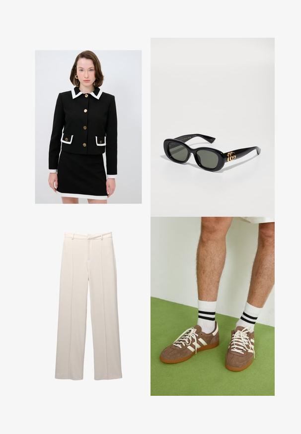 Svart kort jacka med vit krage och manschetter, guldknappar och fickor med vit kant. Matchade med en svart kjol.; En enkel vit t-shirt i bomull med rund halsringning, korta ärmar och en avslappnad passform. Slät textur utan mönster eller detaljer.; Vidje-byxor i ljusbeige tyg med en slät textur. Har ett figursytt midjeband, framfåll och inga synliga fickor.; Bruna mockaskor med vita detaljer och snören. Gummisula i beige. Bärs med vita strumpor med svarta ränder. Grön strukturerad golvyta.; Svarta plastsolglasögon med gröna linser, med oval form och guldlogotypdetaljer på bågarna. Slät yta och glänsande finish.; Svart läderhandväska med en enda toppdragkedja, kort axelrem fäst med silverringar, och en subtil logotyp på framsidan.