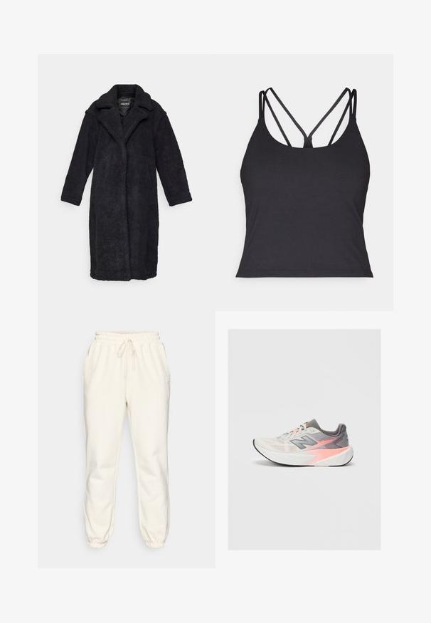 Musta, pitkä, pörröinen takki, jossa on kaulus, auki oleva etuosa ja pitkät hihat. Kangas on tekstuuriin perustuva, ylellinen ulkonäkö. Ei näkyviä kiinnityksiä.; Musta tank top ohutse olatustega, millel on risttõmme seljal. Valmistatud pehmest ja venivast materjalist, millel on keha lähedane siluett.; Harmaita liikuntapukuja pehmeästä kankaasta, jossa on joustava vyötäröstringi, sivutaskut ja kapenevat hihansuut nilkoissa.; Vaaleanharmaa ja vaaleanpunainen New Balance -juoksukenkä paksulla valkoisella pohjalla ja mustalla ulkopohjalla, sivukuva tasaisella taustalla.