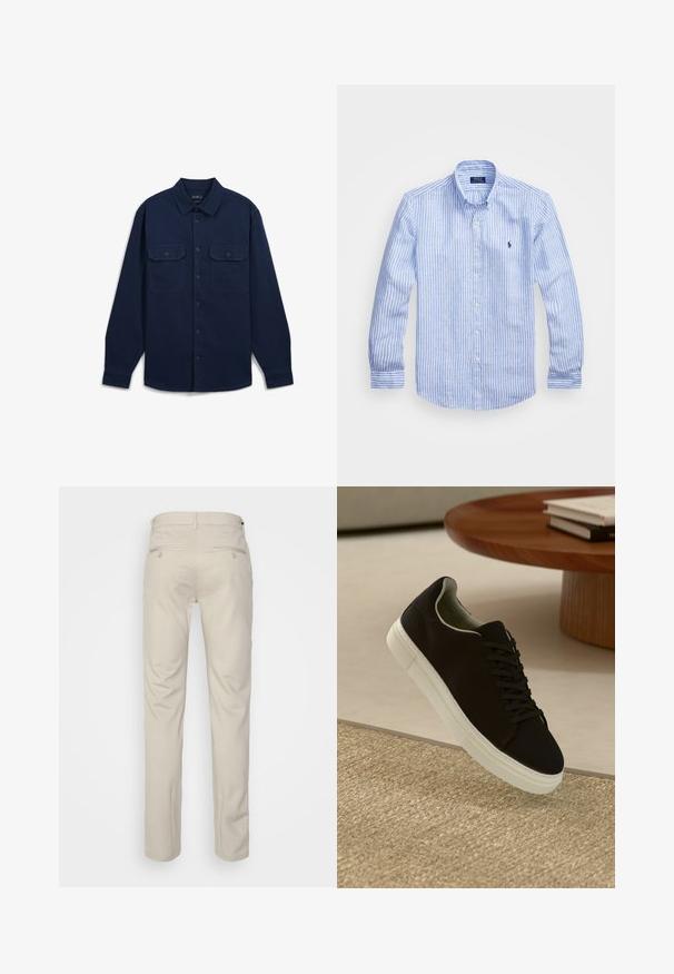 Dunkelblaues Langarmshirt aus Baumwolle mit zwei Brusttaschen, Knopfleiste und klassischem Kragen.; Blau-weißer gestreifter Langarmshirt aus Baumwolle mit einem Button-Down-Kragen, Frontknöpfen und einem kleinen gestickten Logo auf der Brust.; Beige Hosen mit glatter Textur, geradem Schnitt, zwei Gesäßtaschen mit Knöpfen und einem normalen Bund.; Schwarze Sneakers mit weißer Sohle, die über einem beige strukturierten Teppich schweben, in der Nähe eines runden Holztisches mit gestapelten Büchern.