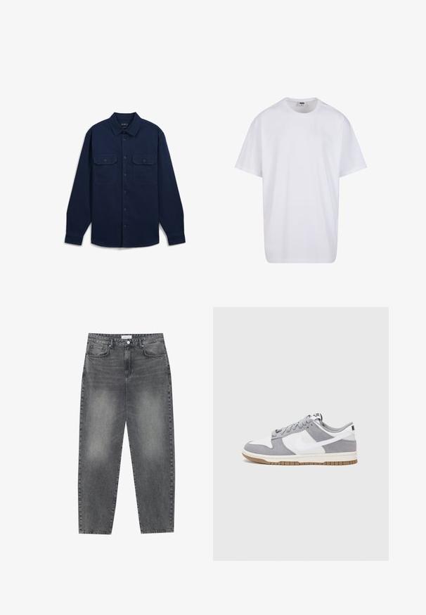 Dunkelblaues Langarmshirt aus Baumwolle mit zwei Brusttaschen, Knopfleiste und klassischem Kragen.; Weiße Baumwoll-T-Shirt mit kurzen Ärmeln, rundem Ausschnitt, lockerer Passform und ohne sichtbare Logos oder Muster. Glatte Textur und minimalistisches Design.; Hoch taillierte, locker sitzende Jeans aus verwaschenem schwarzem Denim. Verfügt über fünf Taschen, Gürtelschlaufen und ein sauberes, gerades Bein-Design.; Nike-Sneaker verfügen über ein graues Wildleder- und weißes Lederoberteil mit Perforationen, runden Schnürsenkeln und einer Gummisohle für besseren Halt.