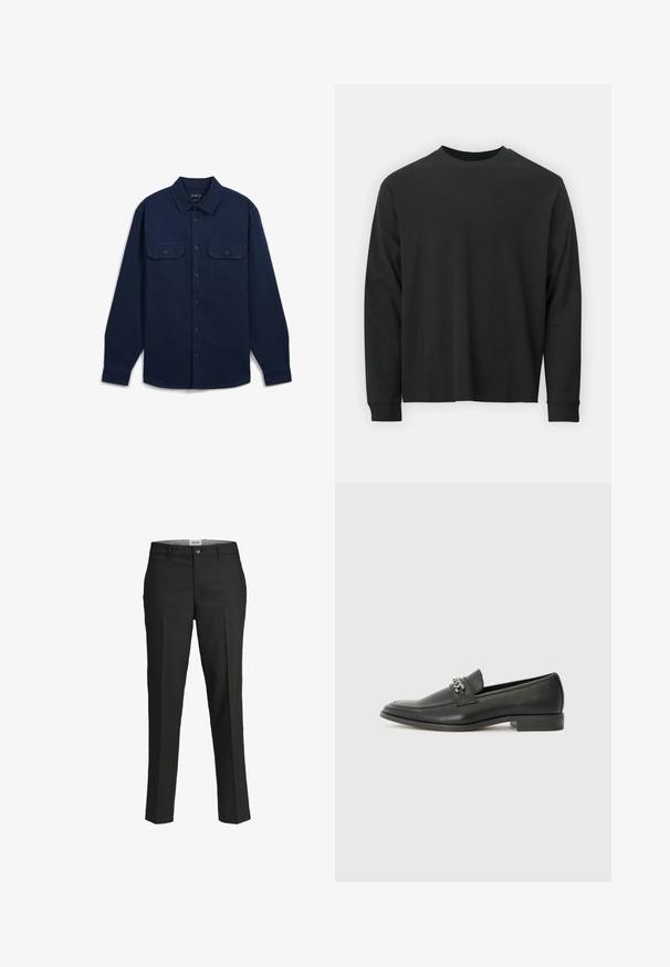 Dunkelblaues Langarmshirt aus Baumwolle mit zwei Brusttaschen, Knopfleiste und klassischem Kragen.; Langärmliges schwarzes T-Shirt aus Baumwolle, mit Rundhalsausschnitt, lockerer Passform und gerippten Bündchen. Weiche Textur ohne sichtbare Muster.; Schwarze Hosen, taillierte Passform, glattes Material, mittelhoher Bund, vorderer Knopfverschluss, schräge Taschen und Bügelfalten entlang der Beine.; Schwarzer Lederloafer mit glatter Oberfläche, ausgestattet mit einer gesteppten Gestaltung und einem dekorativen Metallkettendetail über dem Vorderblatt. Flacher Absatz.