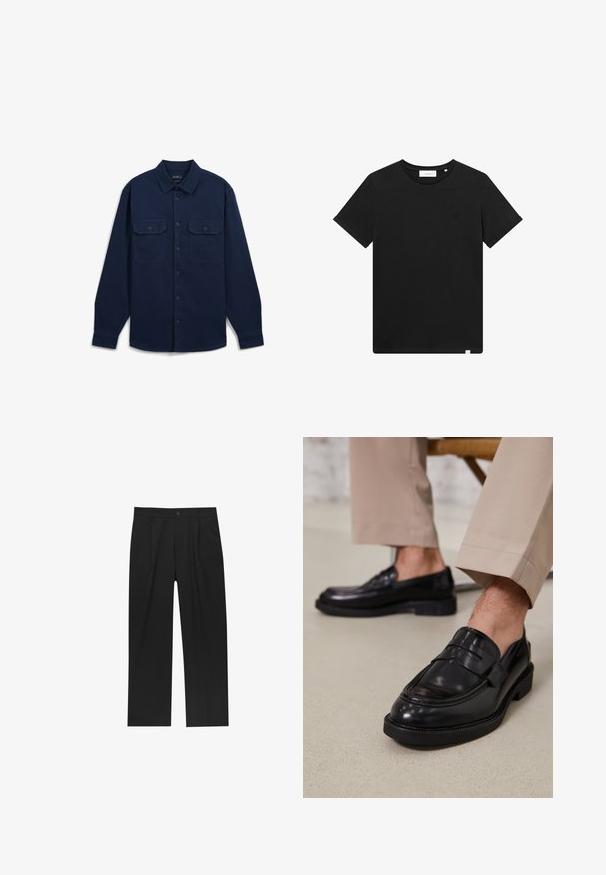 Dunkelblaues Langarmshirt aus Baumwolle mit zwei Brusttaschen, Knopfleiste und klassischem Kragen.; Schwarzes T-Shirt mit kurzen Ärmeln aus Baumwolle, mit Rundhalsausschnitt und einem kleinen, auf der Brust gestickten Logo. Glatte Textur, normale Passform.; Schwarze Hose mit geradem Schnitt, aus einem glatten Stoff gefertigt. Verfügt über Vorderfalten und einen einzelnen Knopfverschluss an der Taille.; Schwarze Lederloafers mit glatter Oberfläche, ausgestattet mit einem dekorativen Riemen und Kontrastnähten, kombiniert mit beigen Hosen.