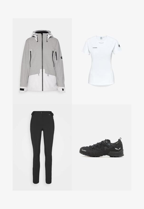 Graue und weiße isolierte Jacke mit Kapuze. Verfügt über Reißverschlusstaschen, verstellbare Bündchen und ein zweifarbige Design. Hergestellt aus strukturiertem Stoff.; Kurzärmliges weißes Sportshirt mit Rundhalsausschnitt, das ein Logo auf der Brust und eine glatte, leichte Stofftextur aufweist.; Schwarze, enganliegende Hosen aus einem flexiblen Material. Zu den Merkmalen gehören eine seitliche Reißverschlusstasche, vorgeformte Knie und eine glatte Textur.; Schwarze Wanderschuhe mit einem strukturierten Obermaterial aus Stoff, Schnürsystem und robuster Gummisohle. Akzentuiert mit reflektierenden Details und Logos.