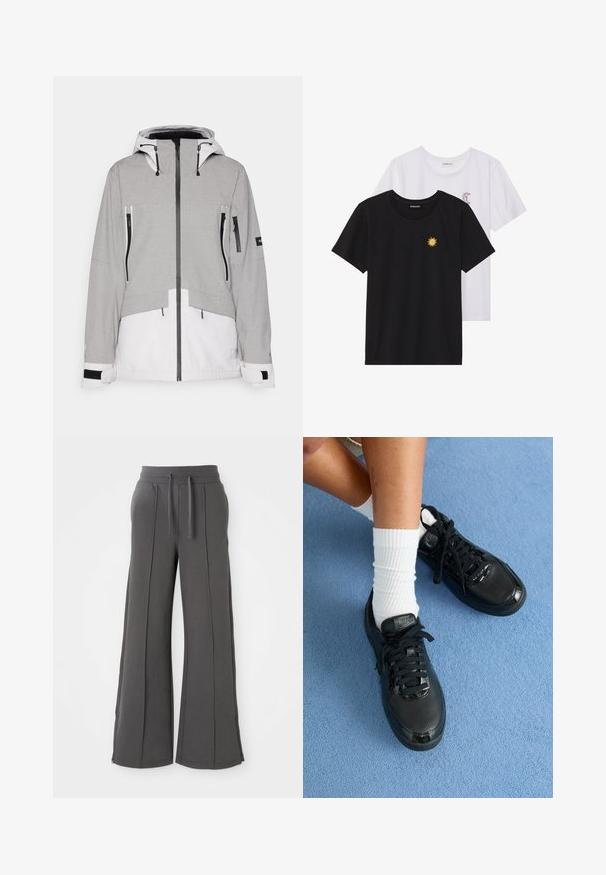 Pilkas ir baltas izoliuotas džemperis su kapišonu. Su užtrauktukais užsegamomis kišenėmis, reguliuojamais rankogaliais ir dviejų spalvų dizainu. Pagaminta iš tekstūruotos medžiagos.; Juodi ir balti marškinėliai, apvaliu kaklu, trumpomis rankovėmis. Juodi marškiniai su geltonu saulės siuvinėjimu; baltieji turi purpurinę pusmėnulio akcentą.; Tamsiai pilki platūs sportiniai džinsai su priekiniais siūlėmis, elastinga juosmeniu, raišteliais, šoniniais kišenėmis ir užtrauktukais ant žemyn esančių kraštų, ant baltos fono.; Juodi Nike sportbačiai turi tekstūruotą viršutinę dalį, blizgius akcentus ir apvalius raiščius. Jie derinami su baltais banguotais kojinėmis ant šviesiai mėlynos paviršiaus.