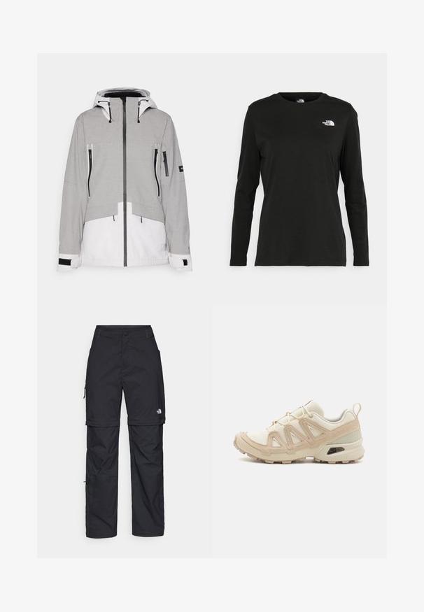 Giacca isolante grigia e bianca con cappuccio. Presenta tasche con zip, polsini regolabili e un design bicolore. Realizzata in tessuto testurizzato.; T-shirt nera a maniche lunghe in cotone con colletto rotondo. Presenta un piccolo logo bianco sul lato sinistro del petto. Design semplice e vestibilità comoda.; Pantaloni cargo in nylon nero con zip rimovibile, polsini regolabili, molteplici tasche e un logo sulla gamba destra. Tessuto liscio e leggero.; Scarpa atletica beige e crema con tomaia in mesh testurizzato, sovrapposizioni supportive e suola in gomma con un motivo a tasselli per la trazione.